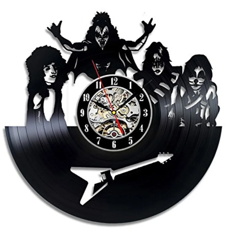 Винтажные настенные часы с виниловой пластинкой, семь разных цветов, сменная музыкальная тема KISS Rock Band, светодиодный настенные часы, 12 дюймов - Цвет: 1-No LED