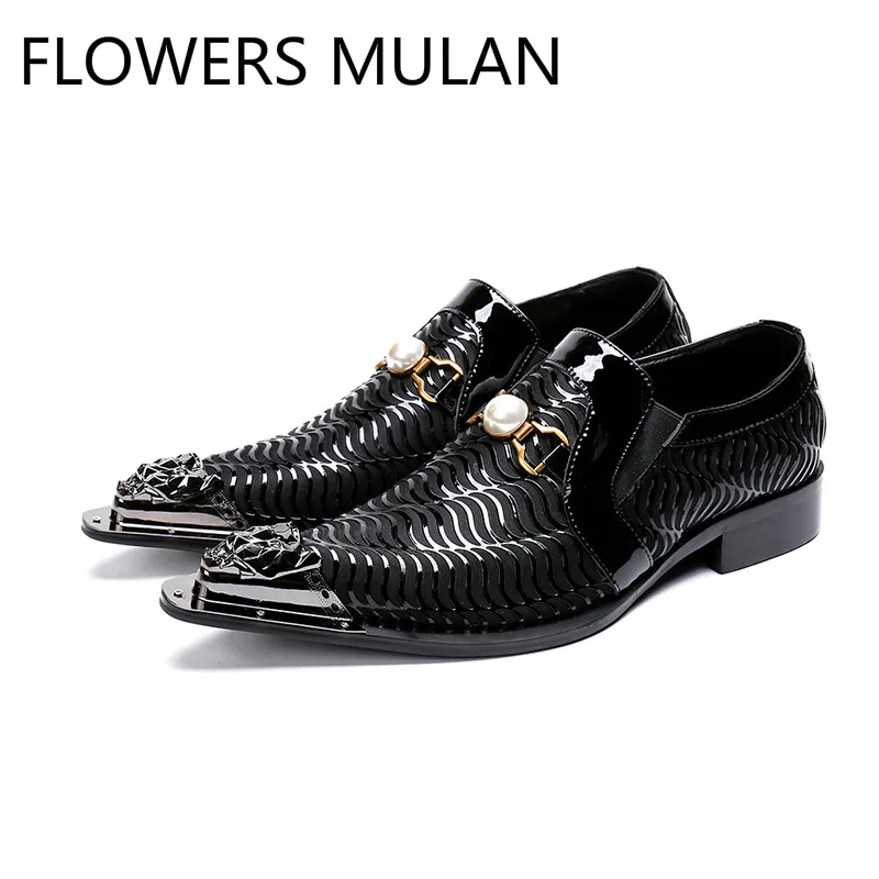 

2018 New Men Shoes Leather Luxury Iron Toe White Pearl Buckle Gentleman Brogue Shoes Slip On Male Footwear Chunky Heel Zapatos