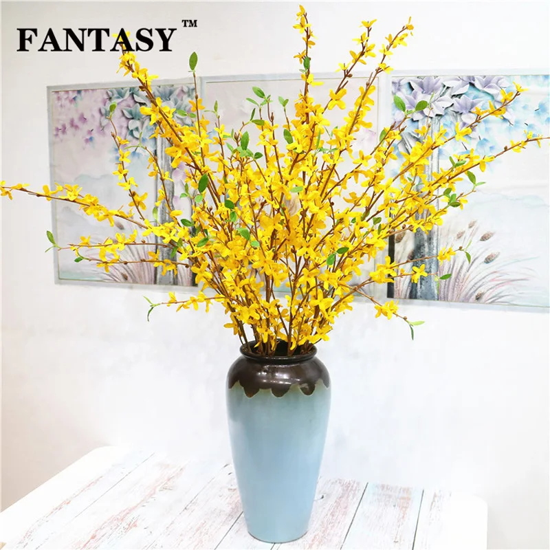 

FANTASY 2pcs Home Decor Artificial Silk 12 Fork Winter Jasmine Branch Handmade Wreath Weaving Fake Fabric Flower Wedding Arrange