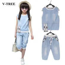 Летний комплект одежды для девочек, рубашка без рукавов с круглым вырезом+ шорты комплекты одежды для девочек-подростков, спортивные костюмы детский джинсовый спортивный костюм
