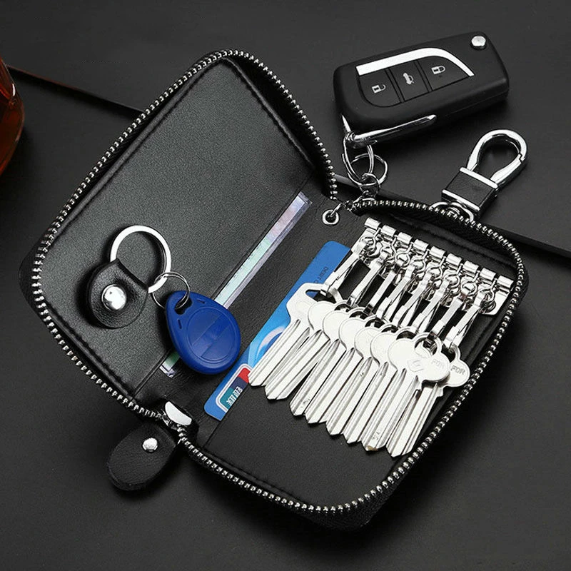 

Genuine Leather Men Women Key Wallets Short Square ID Card Holder Zipper Multi Function Unisex Car Key Chain Wallet For Business