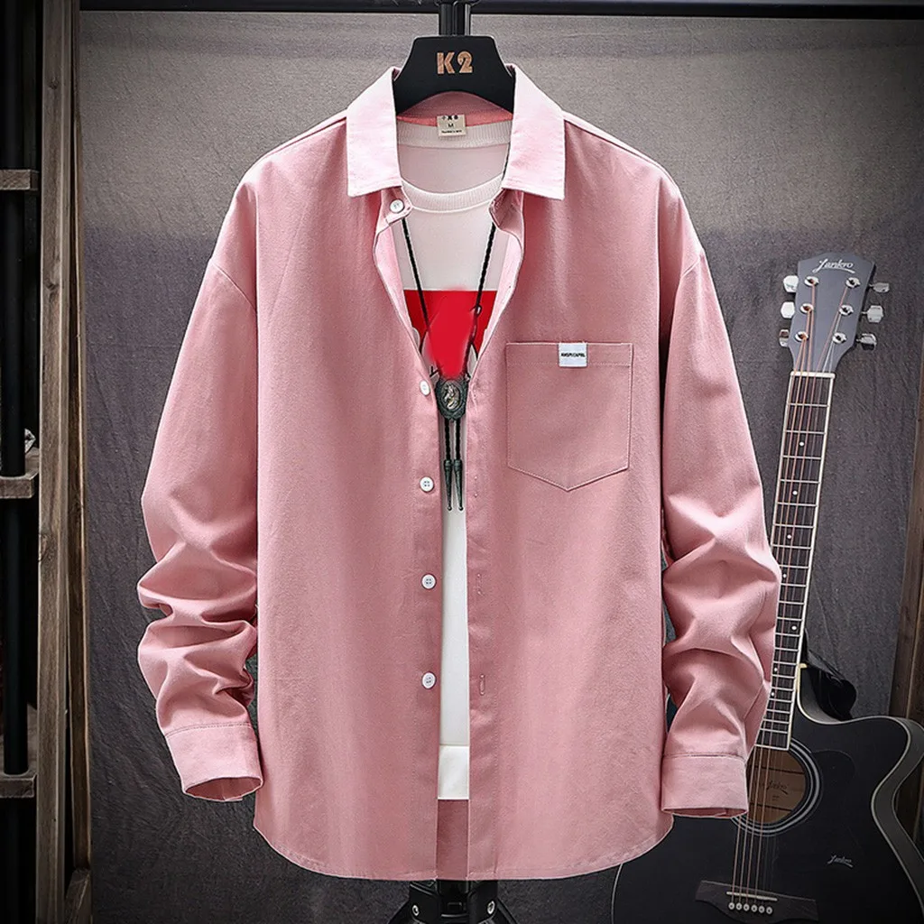 

Retro Chinese Mens Shirts Slim Fit Madarin Collar Chest Pockets Social Shirt Dress Long Sleeve Autumn Men Tops Blouse Women Big
