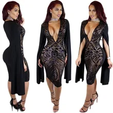 OMILKA Sexy Club Dress 2017 Women Long Sleeve Cloak Cape Bodycon Sequin Dress Sexy Black Deep V Neck Party Club Sequined Dress