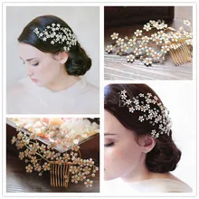 Dower me New Pretty Flower Bridal Hair Comb Crystal Gold Veil Tiara Handmade Wedding Prom Accessories Hair Jewelry