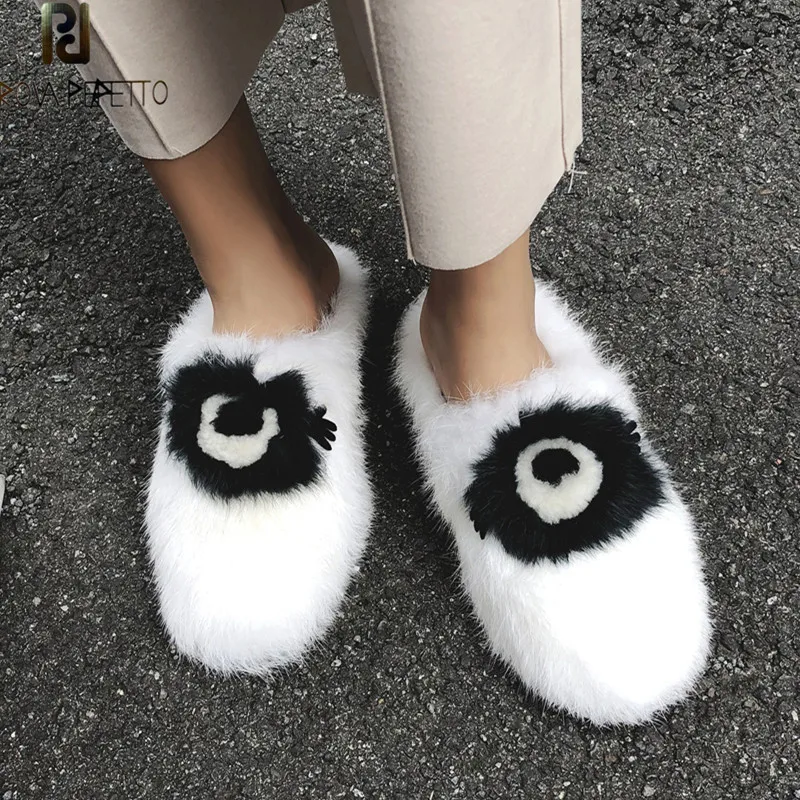 

Prova Perfetto New Style Winter Shoes Woman Fashion Real Rabbit Fur Shoes Feather Furry Fur Plush Warm Flats Shoes Big Size33-43