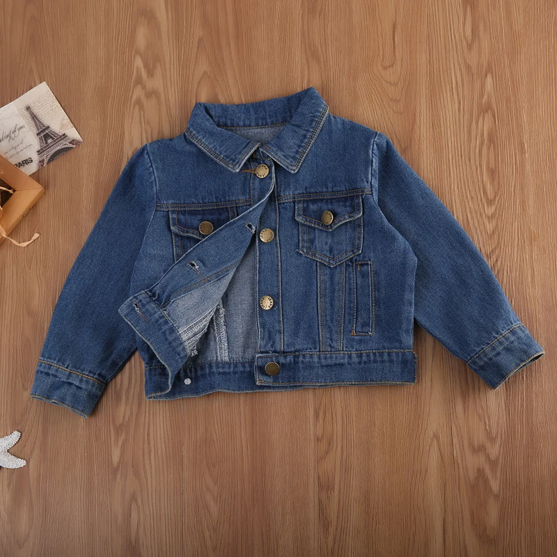 Повседневная Осенняя джинсовая куртка для девочек Джинсовая куртка с длинными рукавами и карманами для детей 1-6 лет