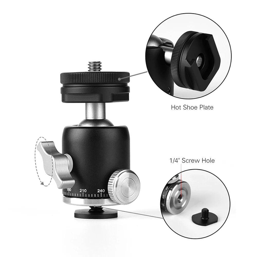 Multi-function Aluminum Mini Ballhead 360 Degree Panorama Ball Head with Hot Shoe Base Mount for Camera DSLR Video Microphone