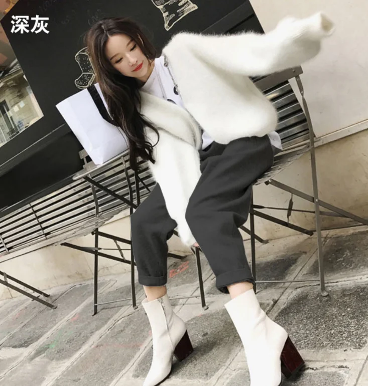 Корейский стиль осень зима шаровары женские шерстяные толстые повседневные брюки черные брюки с высокой талией женские свободные брюки карандаш - Цвет: Dark Grey