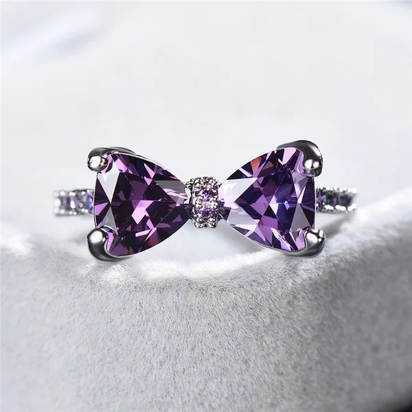 

Cute Bowknot 4 Claws Engagement Ring Purple Cubic Zircon Female Women Wedding Band CZ Rings Jewelry 2019