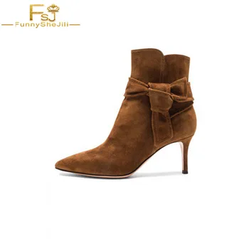 

FSJ Tan Boots Pointy Toe Polyurethane Work, Formal event Party Spring, Autumn, Winter Ankle Tie Suede Kitten High Heel Booties
