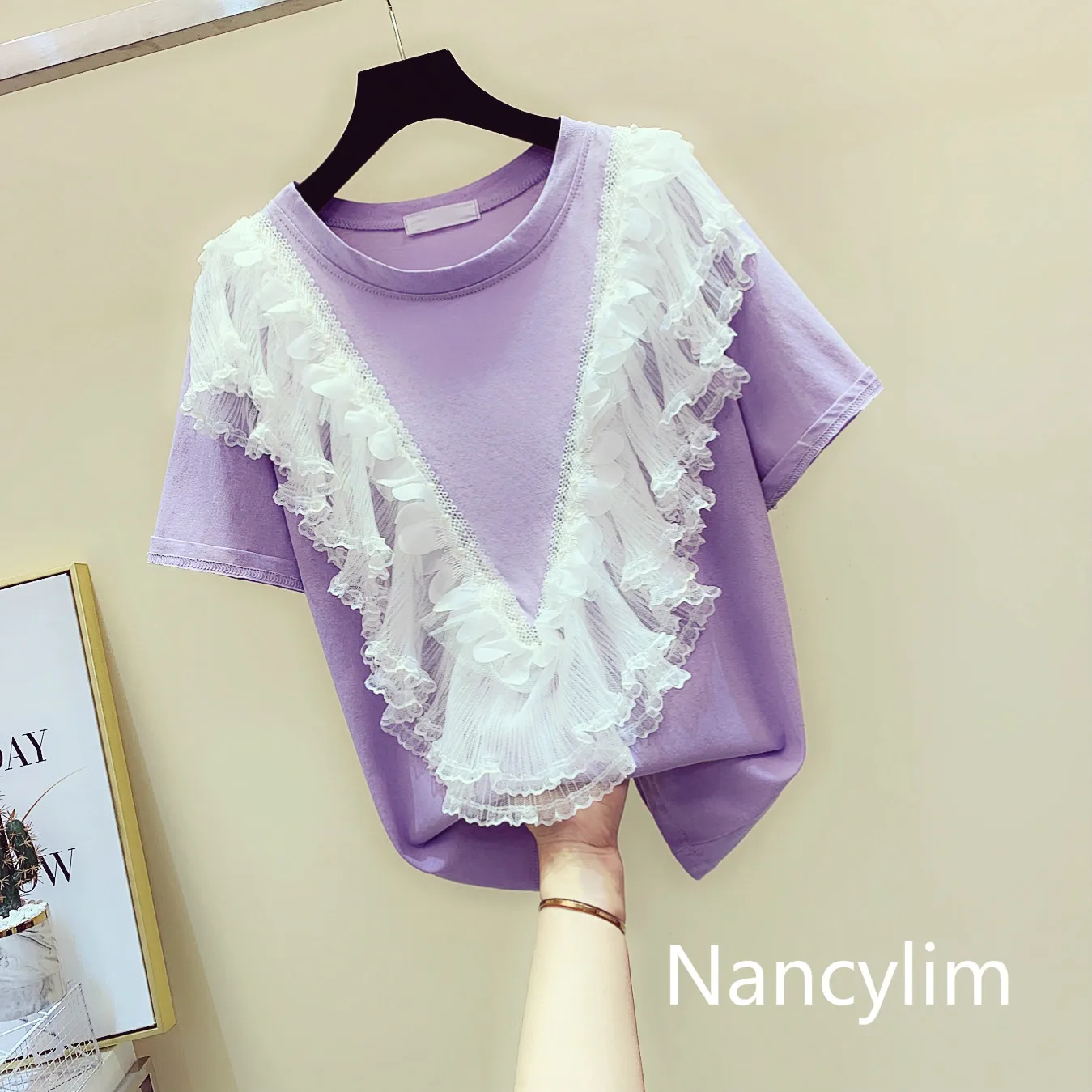 

NANCYLIM Shirts Lady 2019 Summer New Korean Sweet Lace Stitching T-shirt Short Sleeve T Shirts Tees Girl Student Tops Tshirt