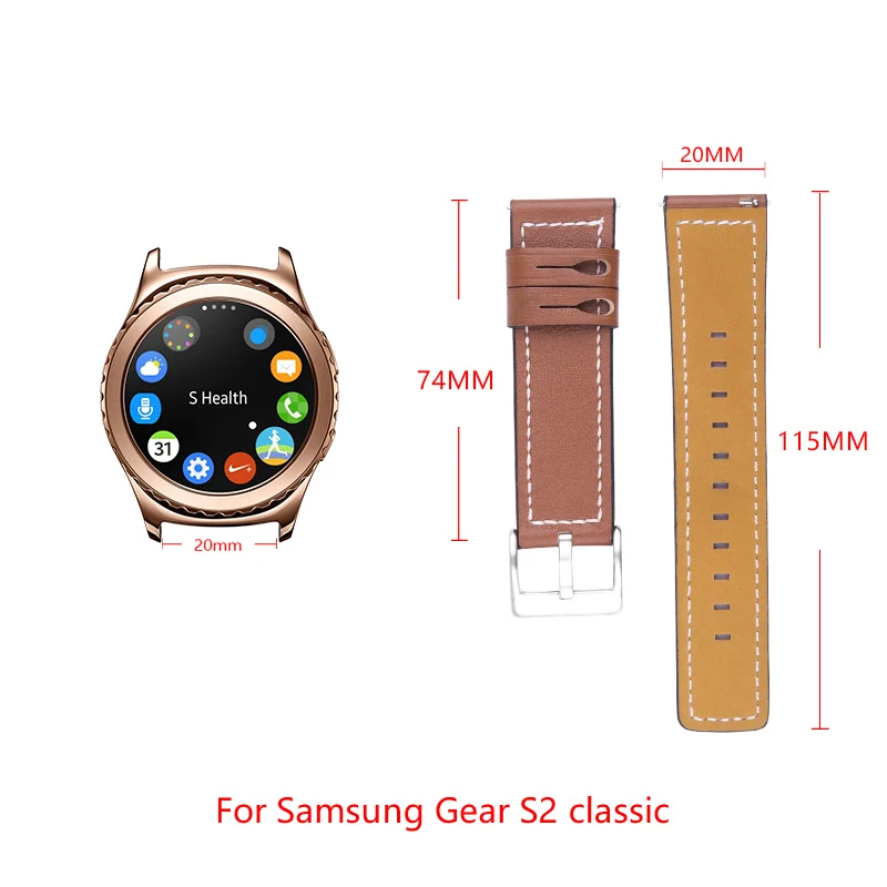 

For Samsung Gear S2 smart watch Leather strap Compatible band width 20mm watch Replacement strap Stainless steel buckle