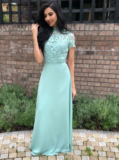 Bohemian Lace Chiffon Long Sheath Bridesmaid Dresses Short Sleeves Mint Beach Wedding Guest Dress 2019 Vestidos