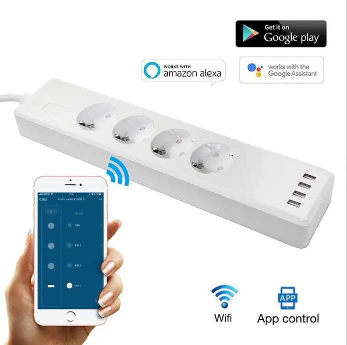 Tuya smart wifi power strip стандарт ЕС с 4 разъемами и 4 usb-портами, совместимыми с Amazon Alexa и Google Nest