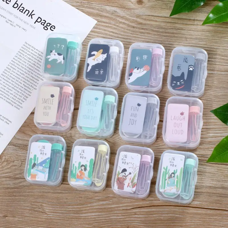 

1 Set Contact Lens Box Mirror Cartoon Cute Fashion Creative Case Storage Student Eyes Care Container Kit Square
