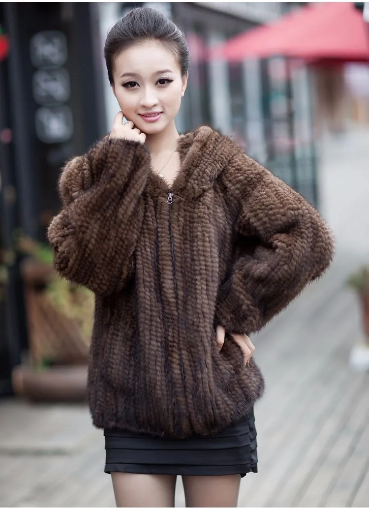 Real Genuine Knitted Mink Fur Coat Outwear with hood women hand