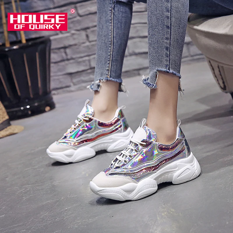 

2019 Spring Casual Sneakers Fashion Hollow Out Round Toe Platform Shoes Women Colorful Sequin Shoes Ladies Outdoor Running Shoes
