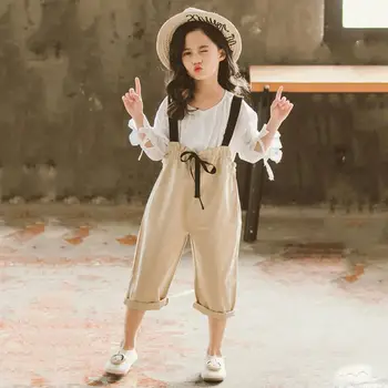 

New Spring Autumn Kids Girls Cotton Suits Children Girl Solid Tops+Suspender Pants Tracksuit Baby Girl Clothing 2Pcs Sets T172