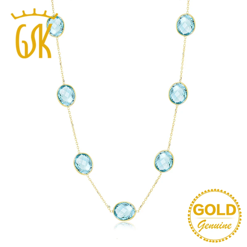 

GemStoneKing 35.00 CT Checkerboard Faceted Oval Natural Blue Topaz 14K Yellow Gold 16" Necklace For Wmen Fine Jewelry