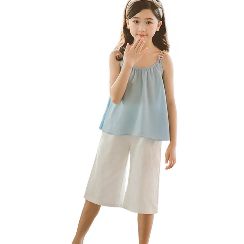 Summer Girls Clothes Sets Big Girl Sleeveless Cotton Linen Tops+Loose
