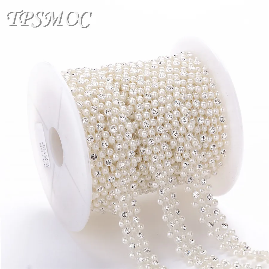 TPSMOC 10yards pearl with clear font b crystal b font rhinestone chain Sew Trim FlatBack Pearl