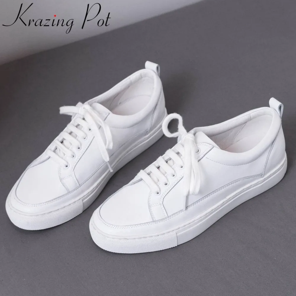 

Well-ventilated genuine leather lace up white sneakers round toe low bottom simple style loafers daily wear vulcanized shoes L31