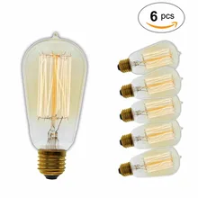 6 шт./лот, ручная работа, электрическая лампочка эдисона лампа углеродная нить из прозрачного стекла, винтажная лампа Эдисона в стиле ретро лампа накаливания 40 Вт/60 Вт 220 V E27 ST58