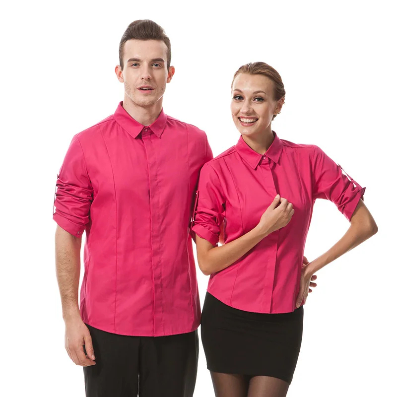 

Restaurant Hotel Uniform Women Female Waitress Blouse Men Male Waiter Shirt With Adjustable Sleeve