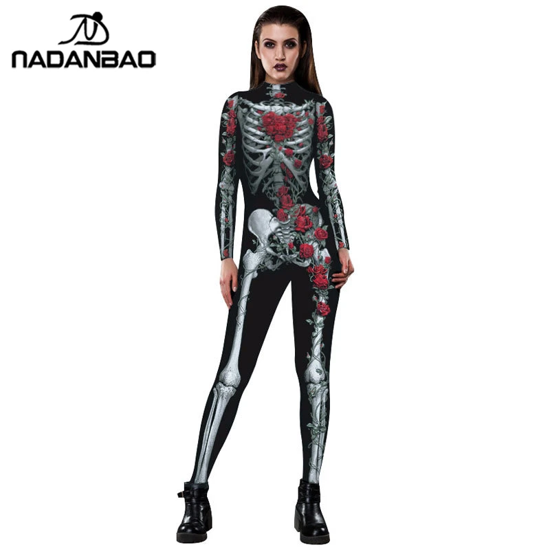 Cheap NADANBAO Halloween Costumes For Women Floral Mechanical Bone Costume Scary Rose Skeleton Skull Plus Size Jumpsuit
