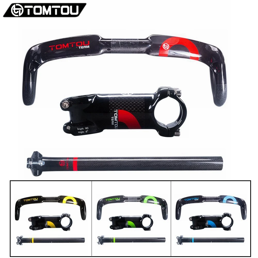 

TOMTOU Glossy 3K Carbon Fiber Road Bicycle Handlebar Set Parts Handlebar Stem Seatpost Green Yellow Blue Red - TC8T35