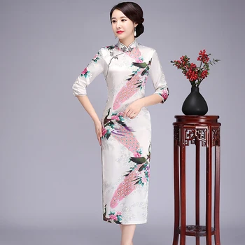 

Oversize S-6XL Women Dress Vintage Mandarin Collar Cheongsam Vestidos Classic Slim Printed Qipao Elegant Stage Show Dresses Gown
