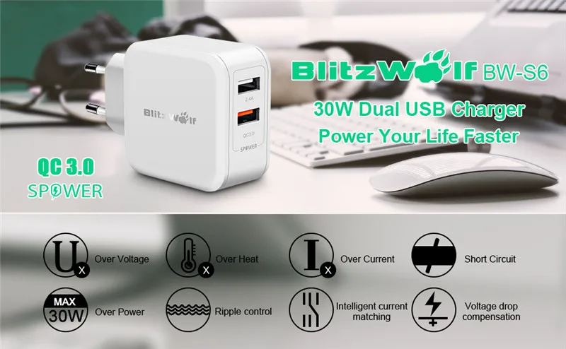 BlitzWolf QC3.0 USB адаптер для путешествий с европейской вилкой зарядное устройство для мобильного телефона быстрое зарядное устройство для iPhone 11X8 Plus для samsung смартфона