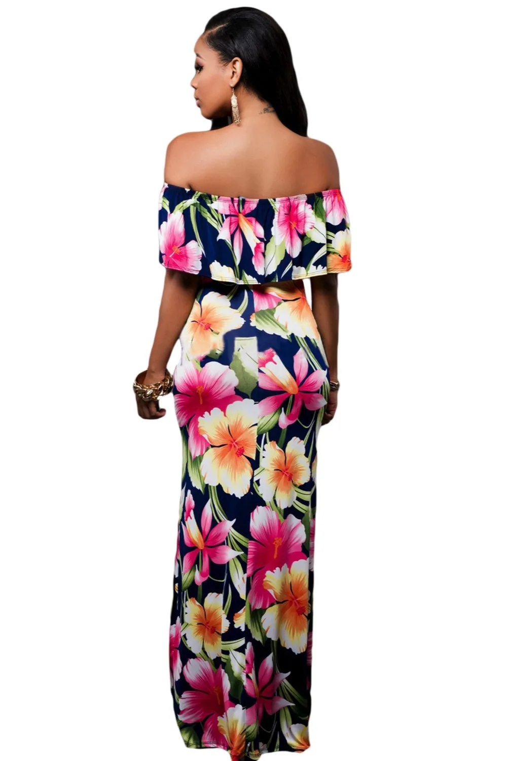 Navy-Blue-Roses-Print-Off-the-shoulder-Maxi-Dress-LC61189-5-2