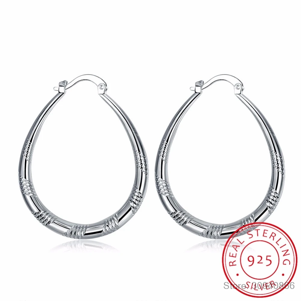 

LEKANI 925 Sterling Silver women's U Shape Big Hoop earrings fine jewelry woman earrings retro style