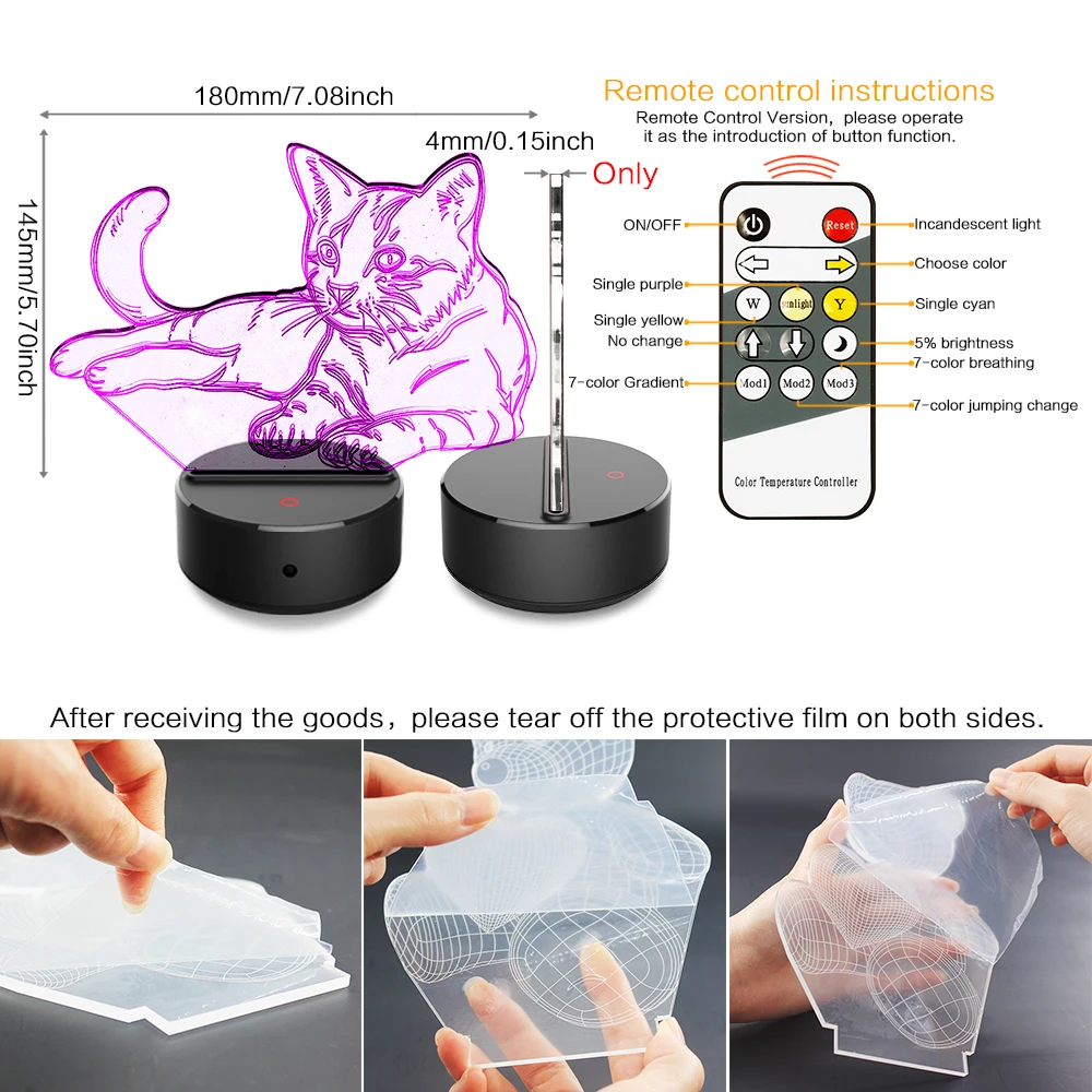  Cat 3D Night Light Animal Changeable Mood Lamp LED 7 Colors USB 3D Illusion Table Lamp For Home Dec - 32922921790