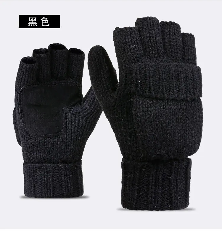 Унисекс плюс толстые мужские перчатки без пальцев мужские шерстяные зимние теплые открытые рукавицы вязаные теплые флип-перчатки на