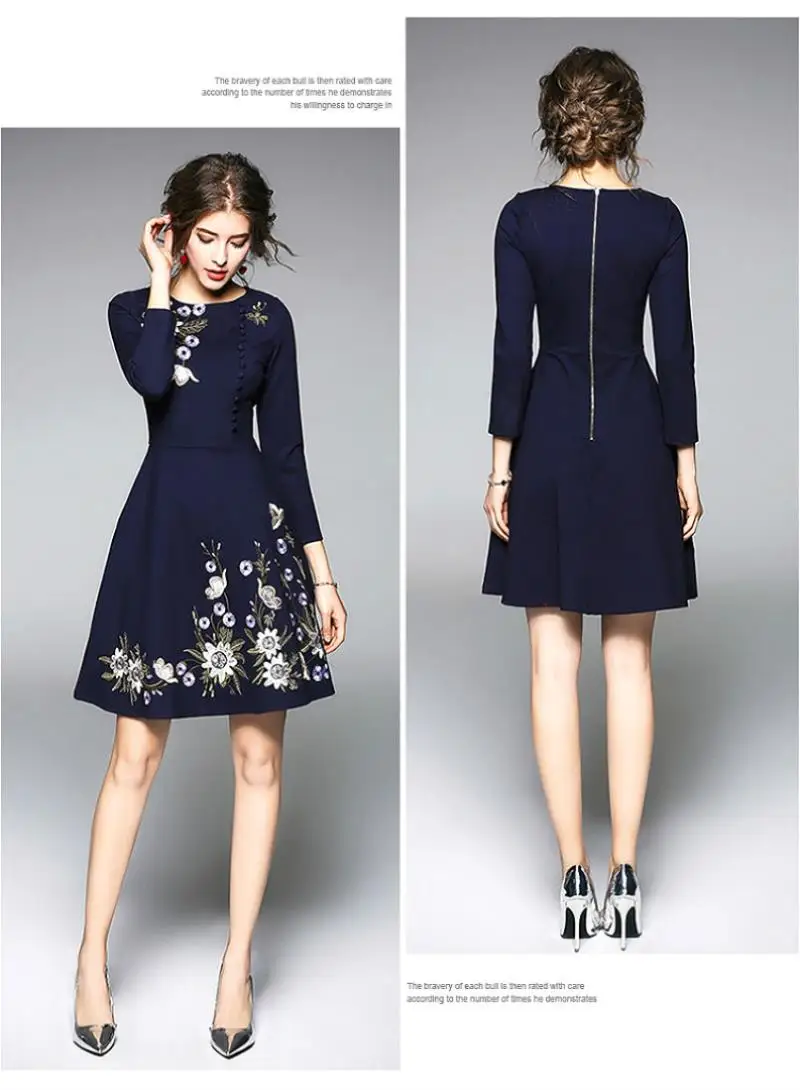 Women Flowers Embroidered Hem Dress Round Neck 3/4 Sleeve A-line Skirt 2018 Spring Summer Fashion Knee Length Dress