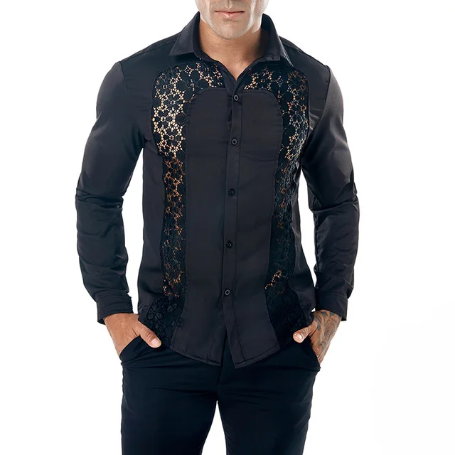 Fancy Flower Embroidery Lace Shirt Men 2018 Brand New Sexy See Through