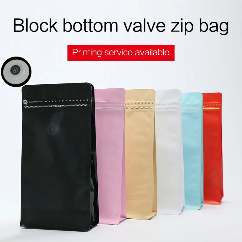 

block bottom stand up pouch 1/2 1 pound colorful coffee bean packaging aluminum foil zip lock bag with one side degassing valve