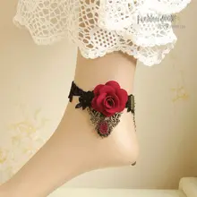 Sexy Womens Gothic Red Rose Flower Stone Drop Black Lace Ankle Anklet Bracelet Sandals Barefoot Lolita Handmade Retro Vintage