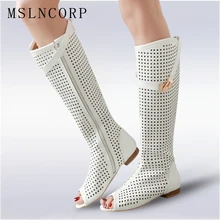 Size 34-47 High Quality Leather Women Flat Heels Buckle Gladiator Long Boots Open The Toe Knee High Lady Summer Sandals Boots Size 34-47 High Quality Leather Women Flat Heels Buckle Gladiator Long Boots Open The Toe Knee High Lady Summer Sandals Boots