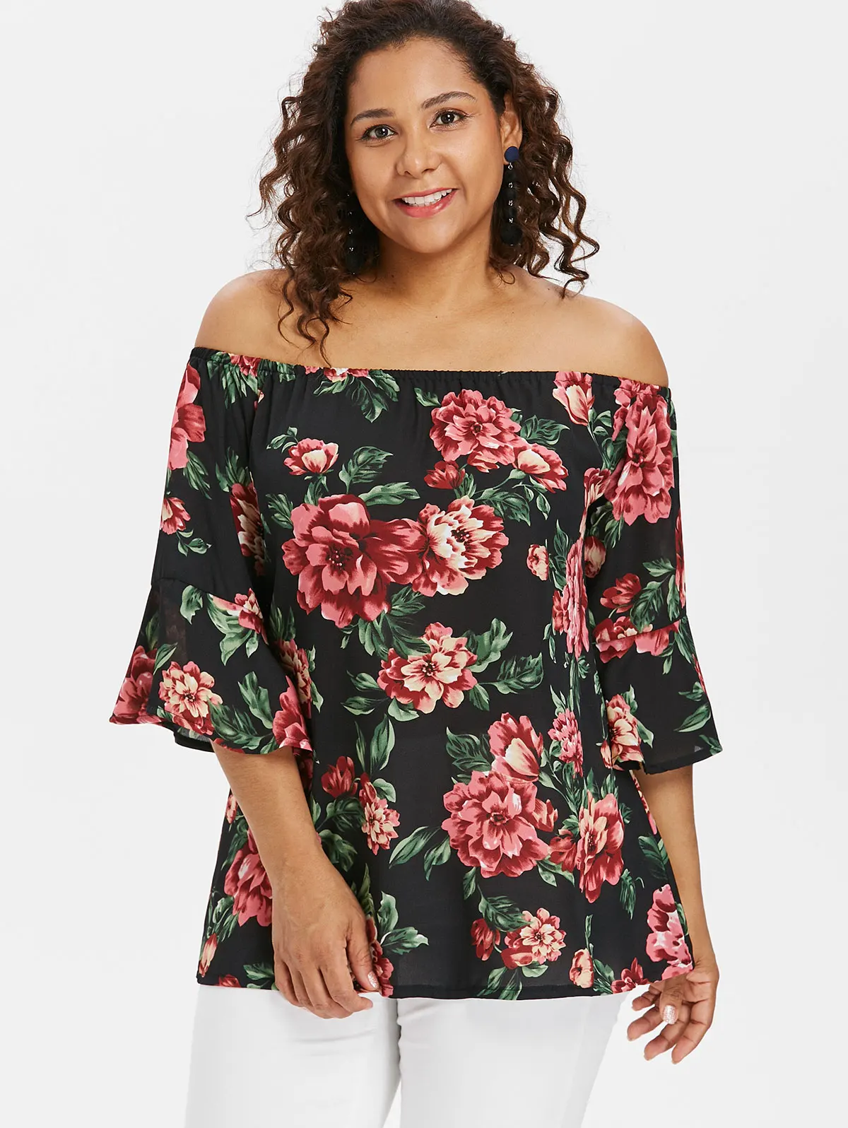 Kenancy 5XL Plus Size Off The Shoulder Flower Blouse Women Bell Sleeve