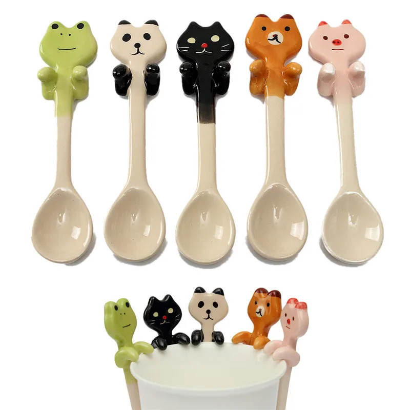 

Mrosaa 1Pc Ceramic Hanging Coffee Scoop Ice Cream Spoons Dinnerware Cute Cartoon Animal Milk Tea Soup Spoon Tableware Decor Gift