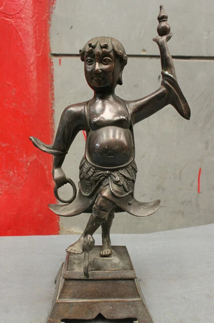 

006960 14" Classical Chinese Pure Bronze Warrior LiuHai God Gourd Nezha Child Statue