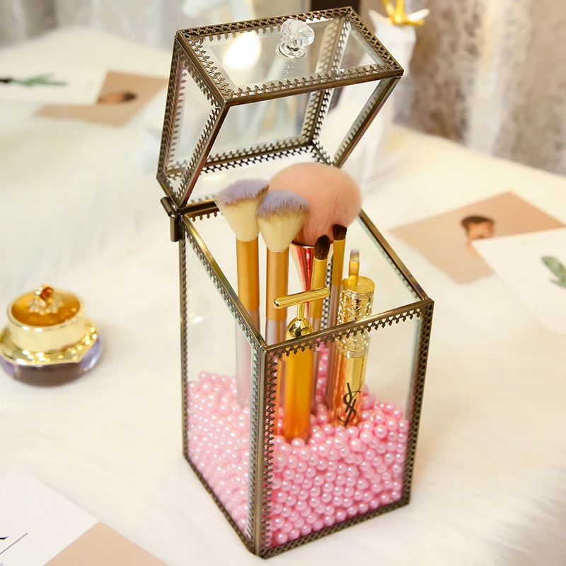 High Quality Gold Glass Makeup Tools Pen Brushes Box With Pearls Square Makeup Tools Storage Case Can Put Makeup Pen Brushes