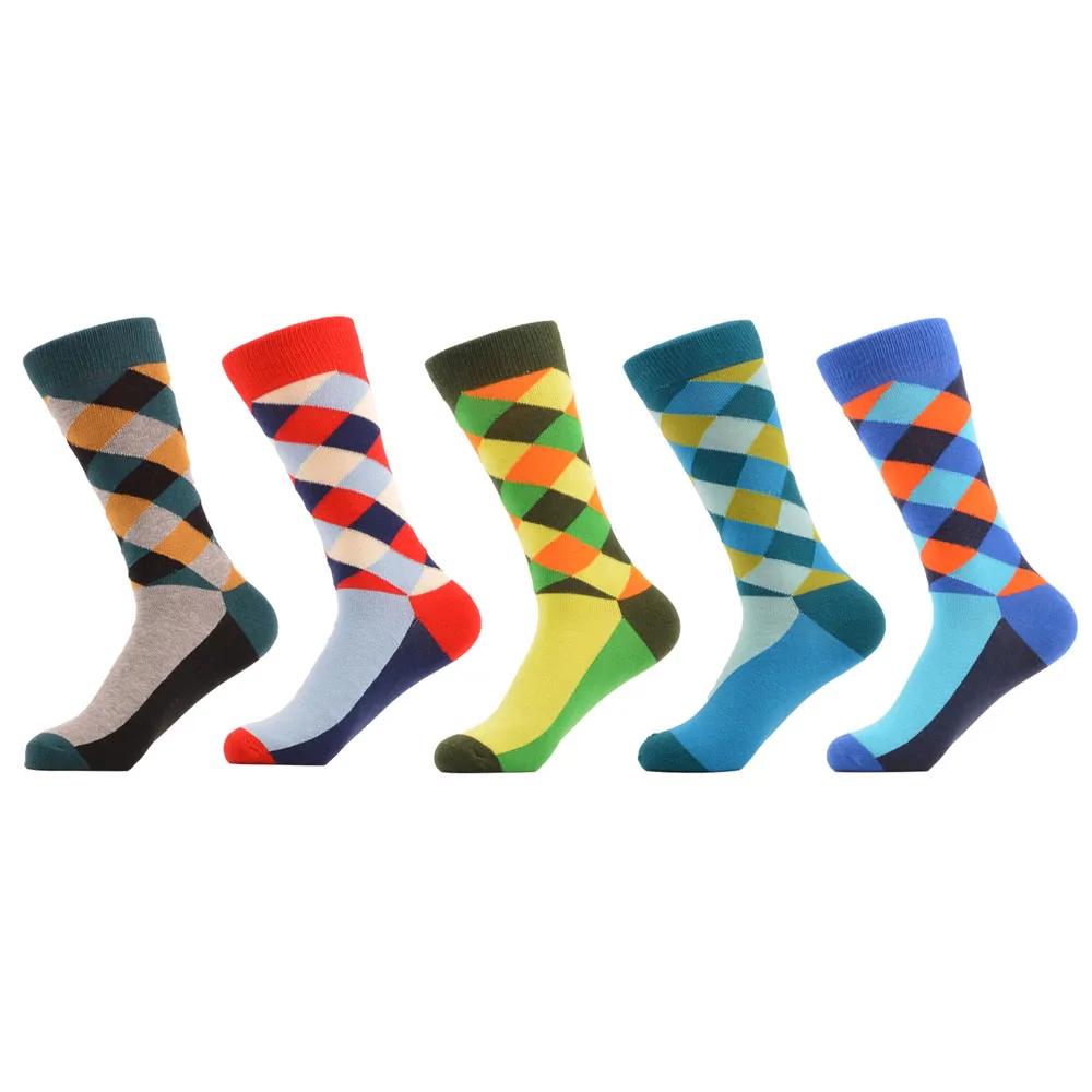 SANZETTI, 5 пар/лот, мужские цветные забавные носки из чесаного хлопка, с Аргайлом, наполненные оптическими полосками, повседневные носки, зимние носки - Цвет: 04108