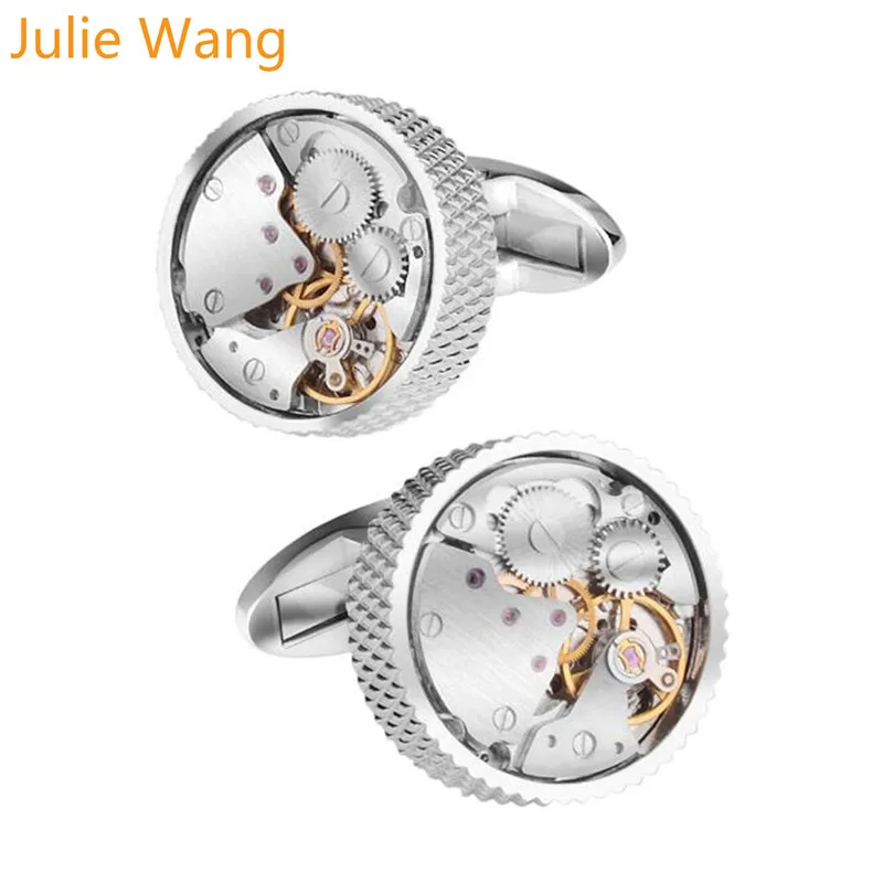 

Julie Wang 1 Pair Mechanical Watch Movement Cufflinks for Mens Shirt Cuff Botton High Quality Silver Round Cuff link