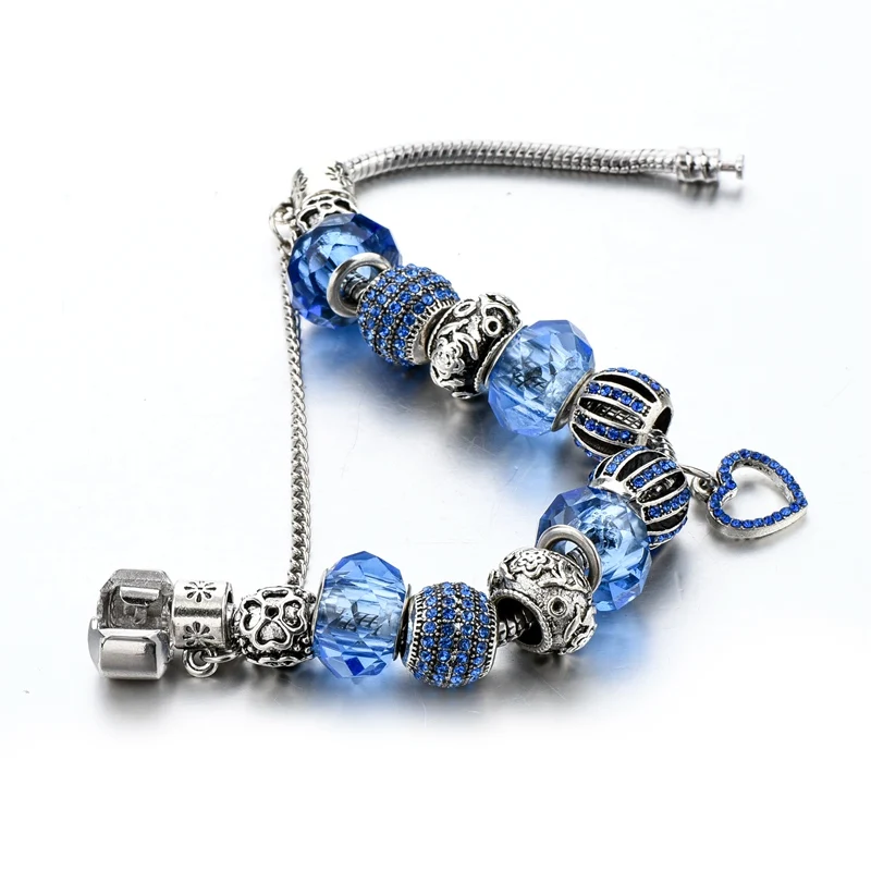 Szelam Diy Кристалл Сердце Браслеты с подвесками для женщин с голубыми муранскими бусинами серебряные ювелирные изделия Pulsera SBR160255