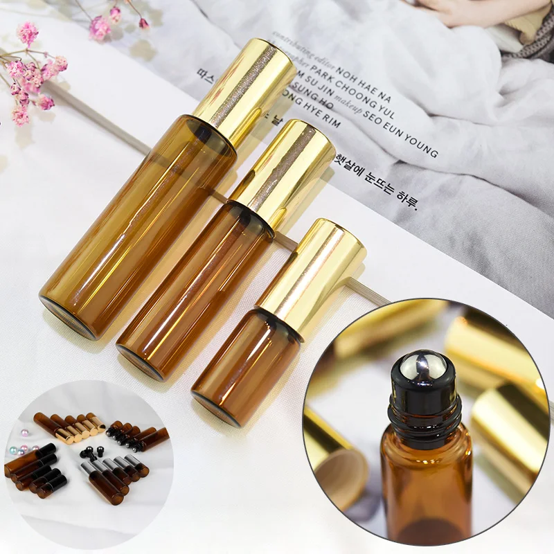 

5pcs 1/2/3/5 ml Amber Roll On Roller Bottle For Essential Oils Refillable Perfume Bottle Deodorant Containers w/ Diff color lids