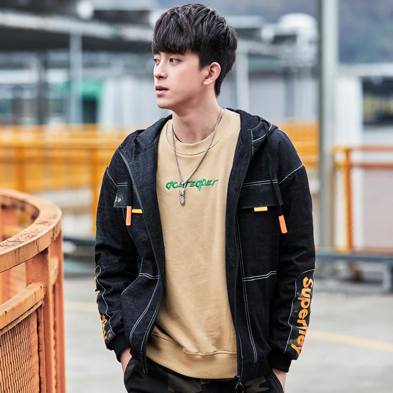 

Bomber Jacket Men'S Jacket Hooded Loose Denim Jacket Male Casual Tide Brand Jacket Men'S Clothing Streetwear Denim Jacket Men